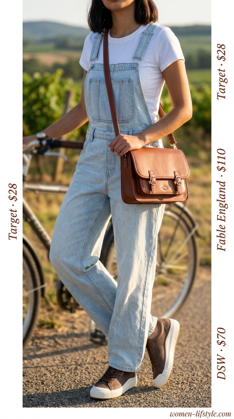 Light wash denim overalls for summer vacation in Europe outfits for women 2026. Playful countryside style with white tee and canvas sneakers.