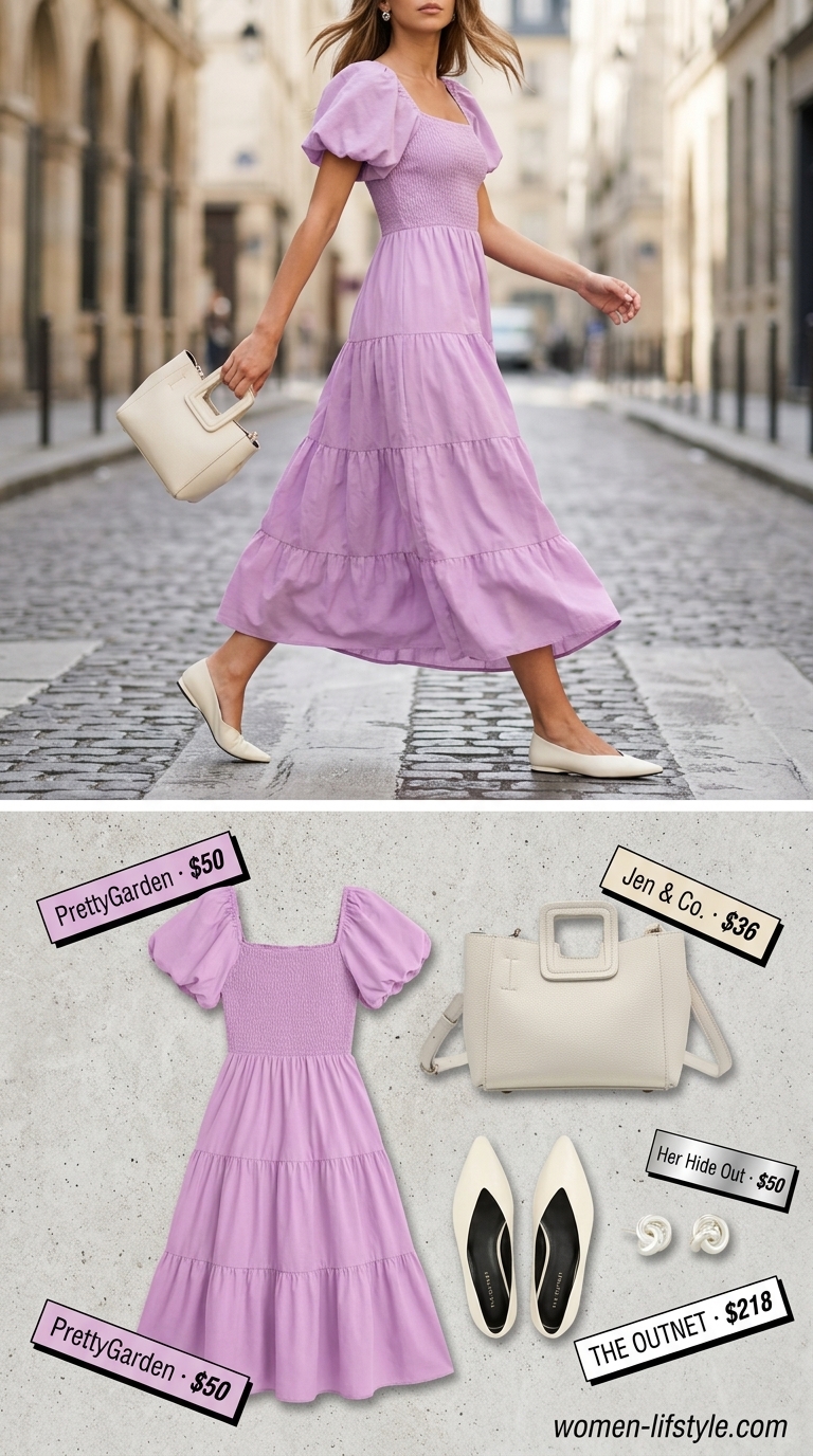 Lavender Haze Museum Tour dress: soft lavender midi dress, ballet flats, top-handle bag. Summer vacation in Europe outfits for women 2026.