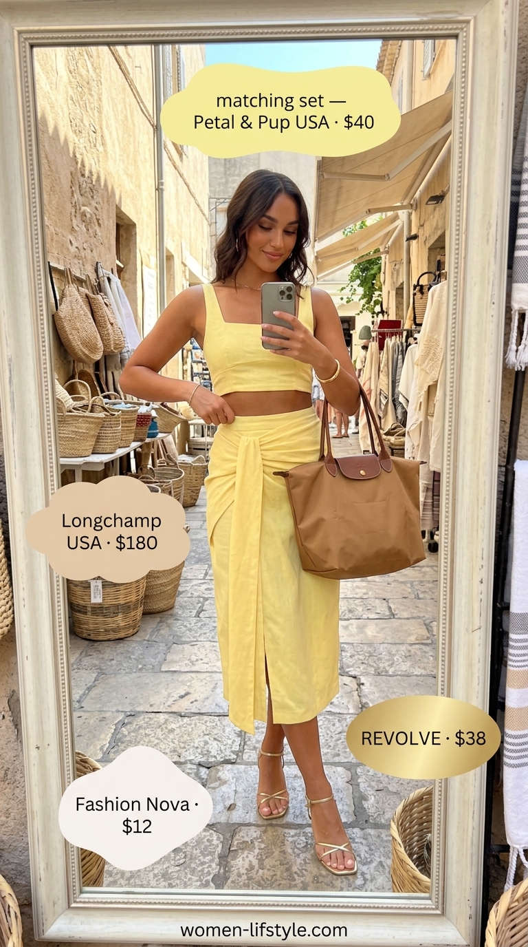Lemon yellow linen matching set for summer vacation in Europe outfits for women 2026. Cheerful market day style with white sandals and canvas tote.