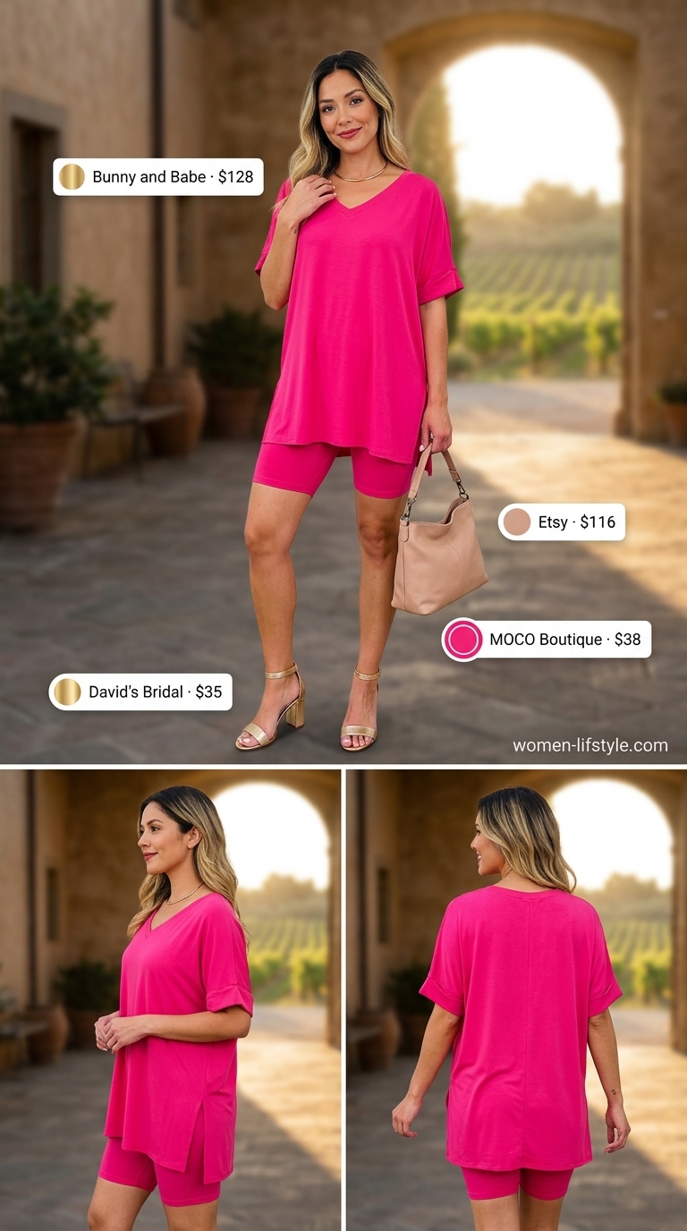 Hot pink matching set outfit for summer vacation in Europe 2026. Glamorous Mykonos style with gold sandals and clutch.