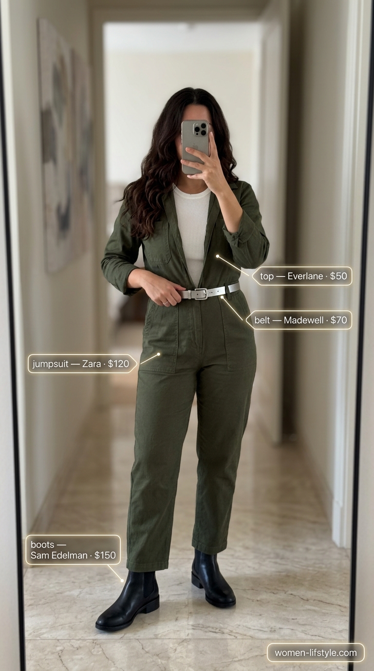 Olive green utility jumpsuit for summer vacation in Europe outfits for women 2026. Modern gallery hopping style with white sneakers and belt bag.