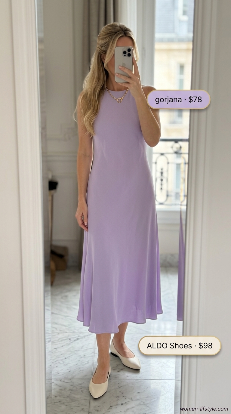 Soft lavender dress outfit for summer vacation in Europe 2026. Sophisticated Paris style with ballet flats and top-handle bag.