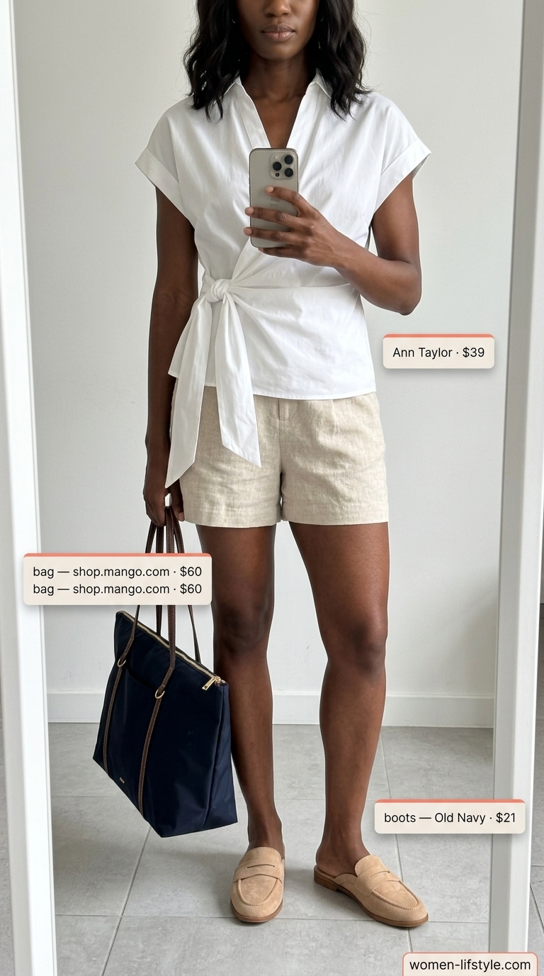 Parisian Café Mornings outfit: navy Bermuda shorts, white button-down, loafers. Summer vacation in Europe outfits for women 2026.