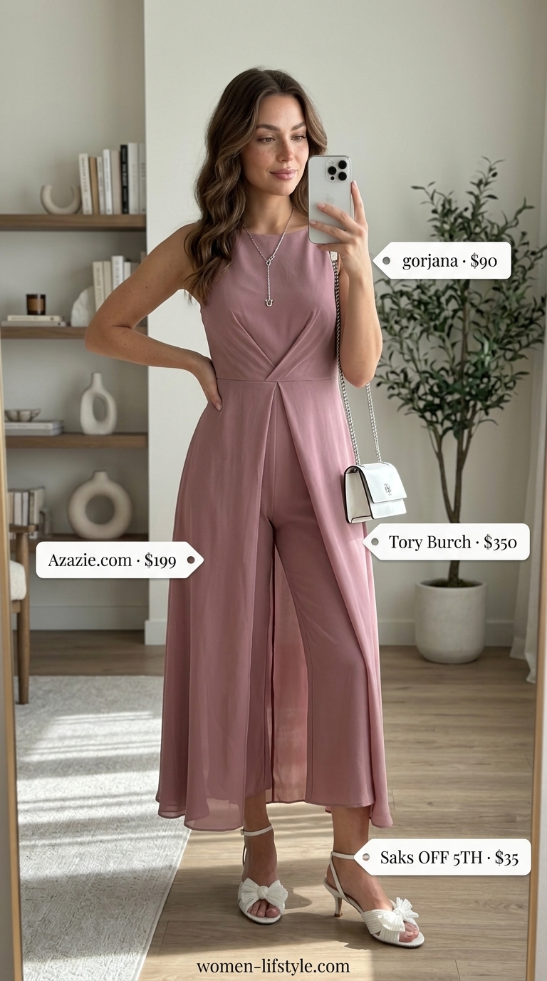 Dusty rose jumpsuit outfit for summer vacation in Europe 2026. Modern Riviera romance style with white block heels.