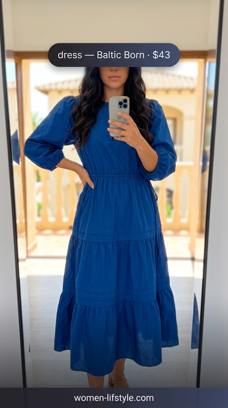 Santorini Island Sunset dress: cobalt blue maxi sundress, embellished sandals, straw tote. Summer vacation in Europe outfits for women 2026.