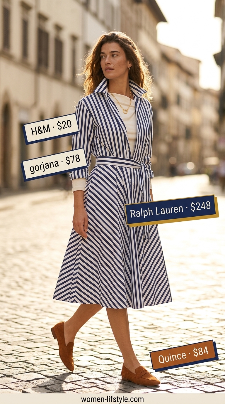 Navy and white stripe shirt dress for summer vacation in Europe outfits for women 2026. Classic nautical style with espadrilles and woven bag.