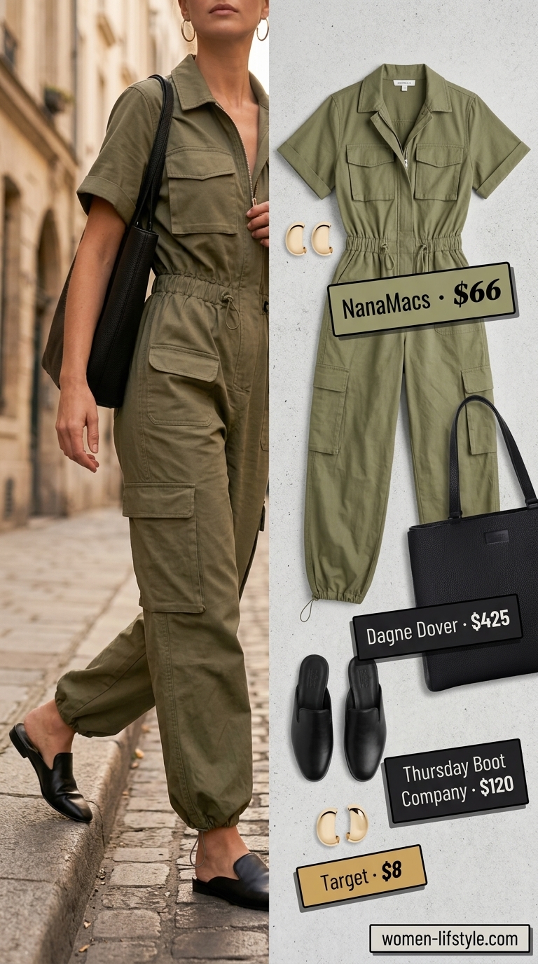 Chic Travel Day jumpsuit: olive green utility jumpsuit, leather mules, tote bag. Summer vacation in Europe outfits for women 2026.