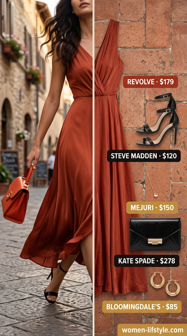 Terracotta satin midi dress for summer vacation in Europe outfits for women 2026. Sophisticated evening look with black sandals and gold jewelry.