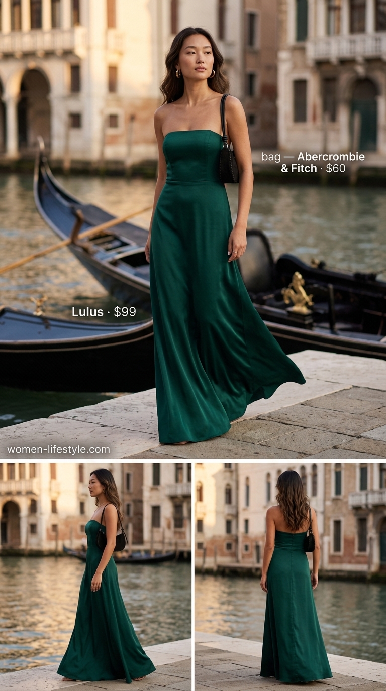 Emerald green satin dress outfit for summer vacation in Europe 2026. Glamorous Venice style with black sandals and pearls.