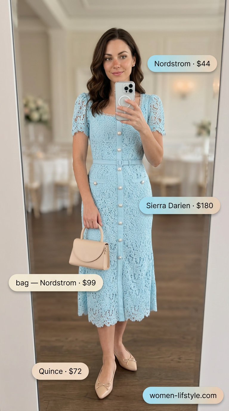 Azure blue lace midi A-line dress, romantic for summer wedding guest outfits 2026. Feminine garden party style.