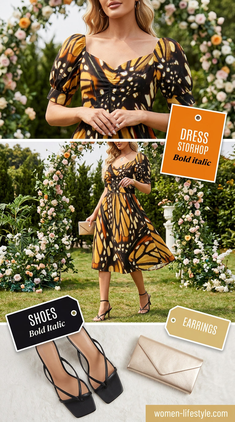 Monarch butterfly print midi dress, a bold choice for summer wedding guest outfits 2026. Festive outdoor party style.