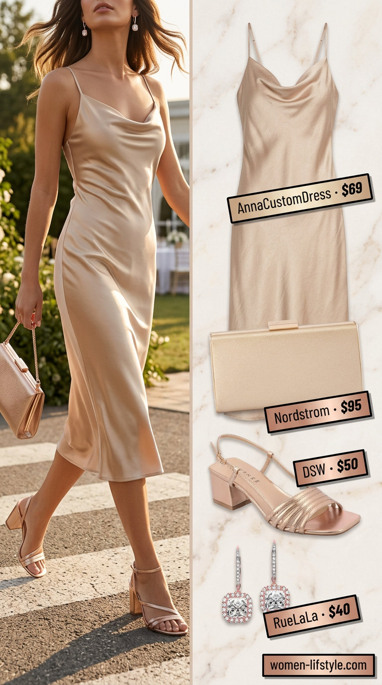 Champagne silk satin midi slip dress, luxurious for summer wedding guest outfits 2026. Elegant formal and gala style.