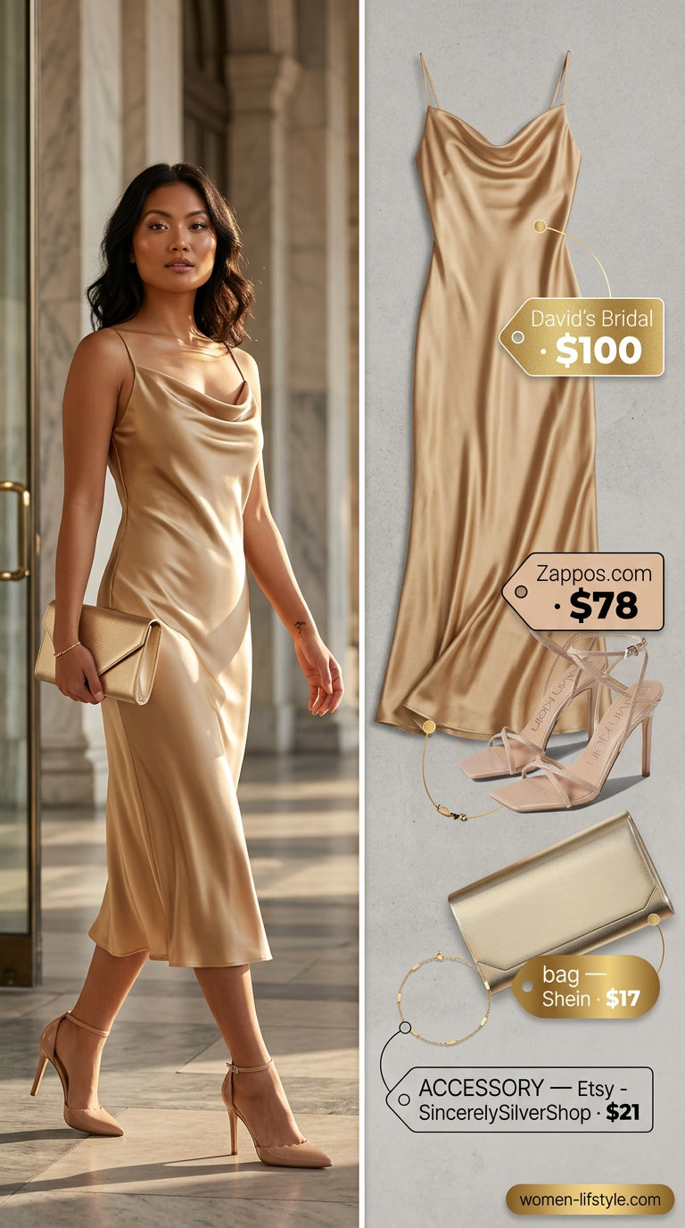 Golden yellow silk midi dress with cowl neck, ideal for summer wedding guest outfits 2026. Glamorous evening event style.