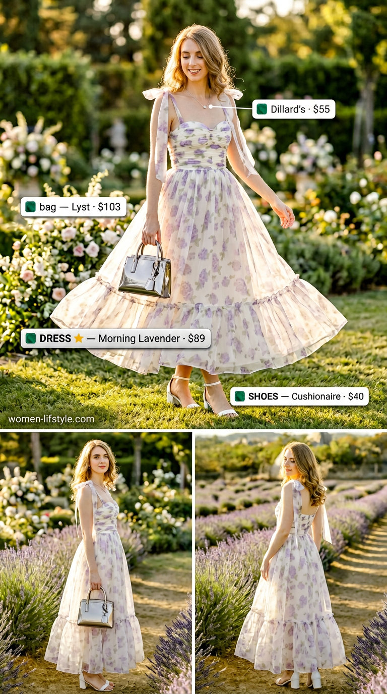 Soft lavender A-line midi dress, sweet for summer wedding guest outfits 2026. Romantic garden party and baby shower style.