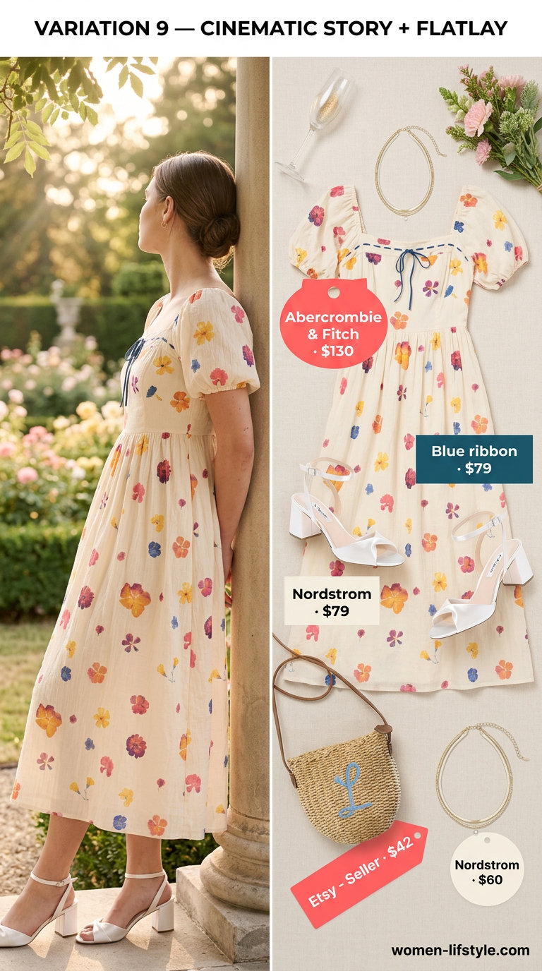 Pastel pink floral midi dress with puff sleeves, perfect for summer wedding guest outfits 2026. Style with gold jewelry & nude sandals.