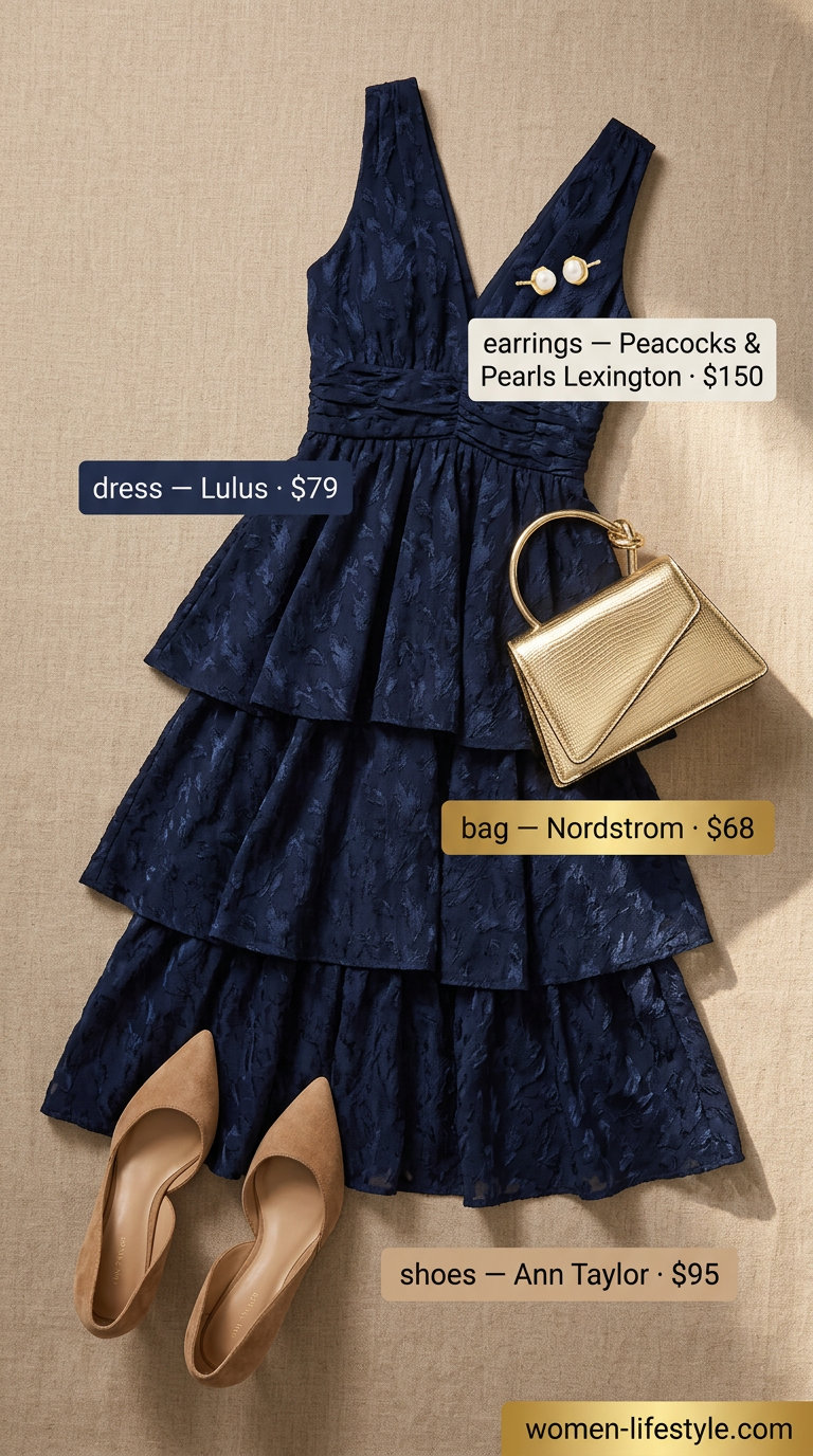 Navy blue jacquard midi dress, a classic choice for summer wedding guest outfits 2026. Elegant formal and evening event style.