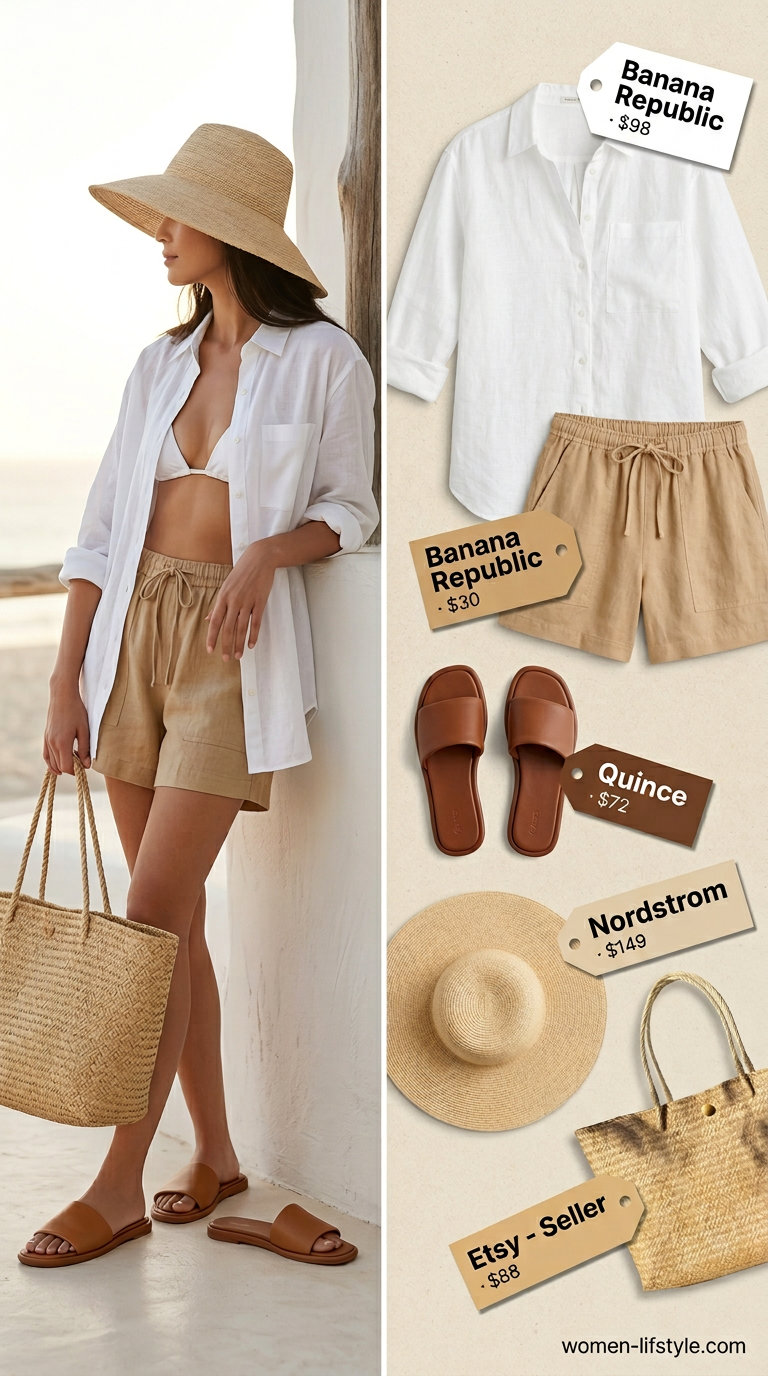 Relaxed beachside outfit with white linen shorts, shirt, and blazer for summer white blazer outfits for women 2026.