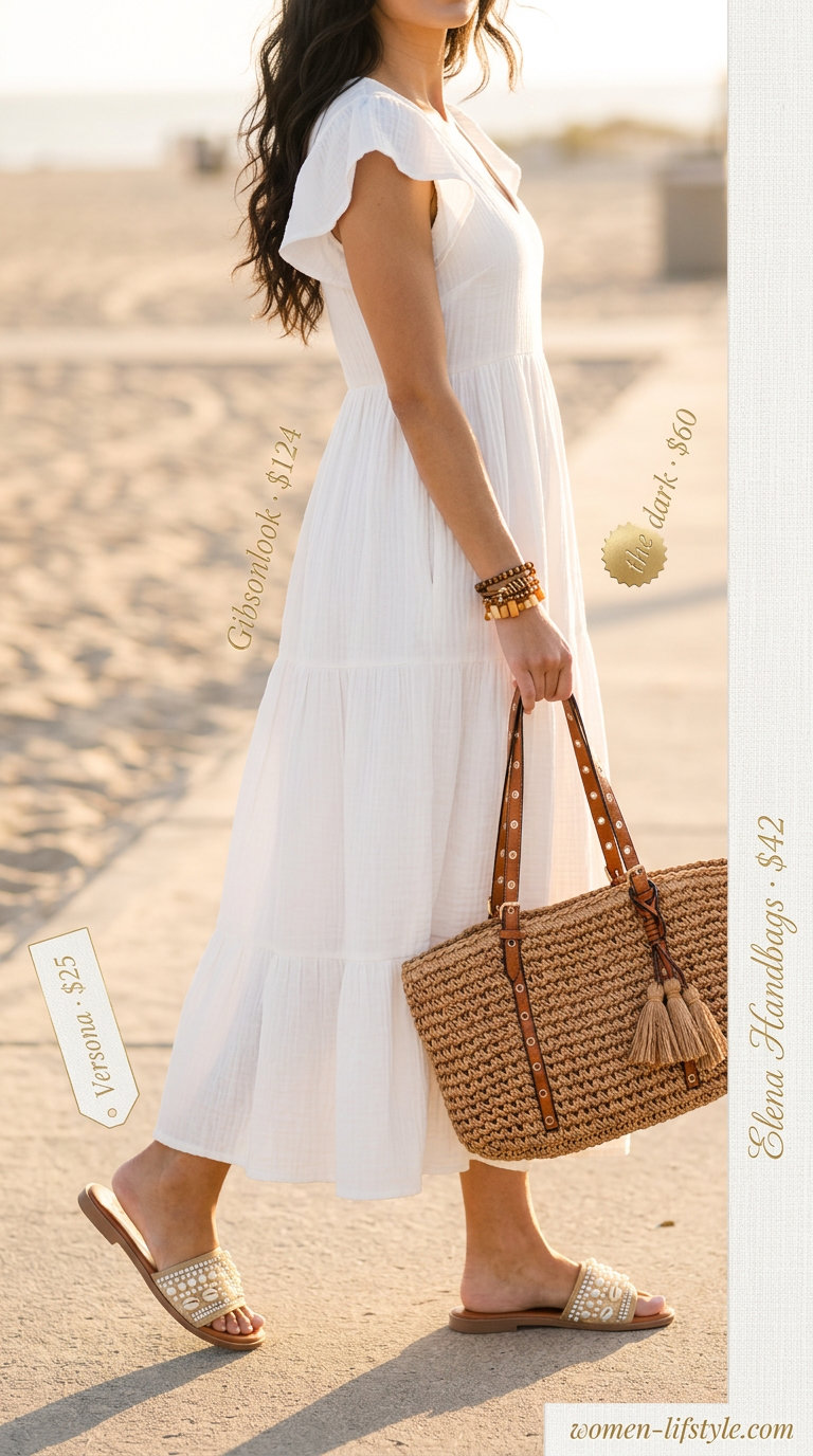 Boho white maxi dress with straw tote and embellished sandals for summer white blazer outfits for women 2026.