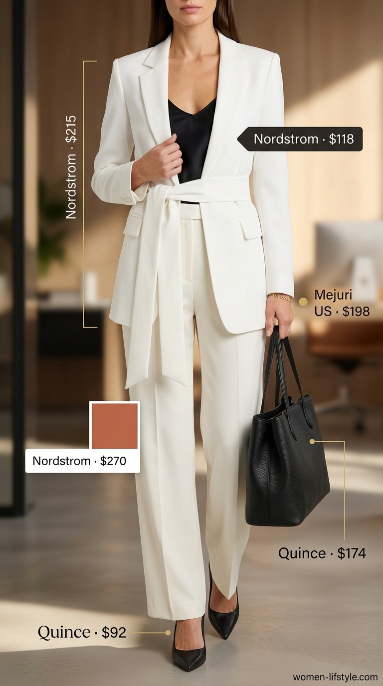 Modern power suit with white blazer and trousers for summer white blazer outfits for women 2026.