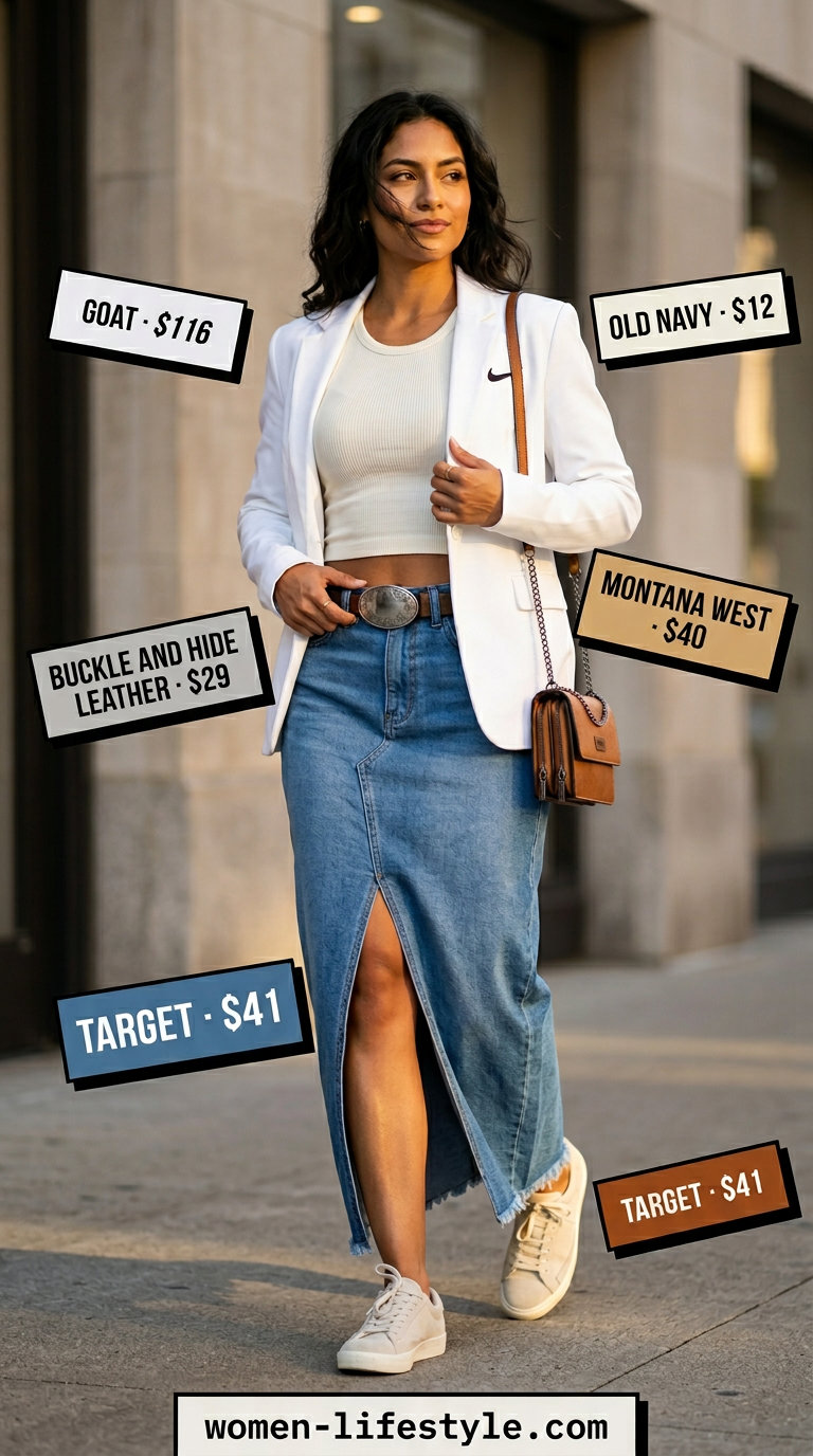 Retro denim maxi skirt outfit with white tank and blazer for summer white blazer outfits for women 2026.