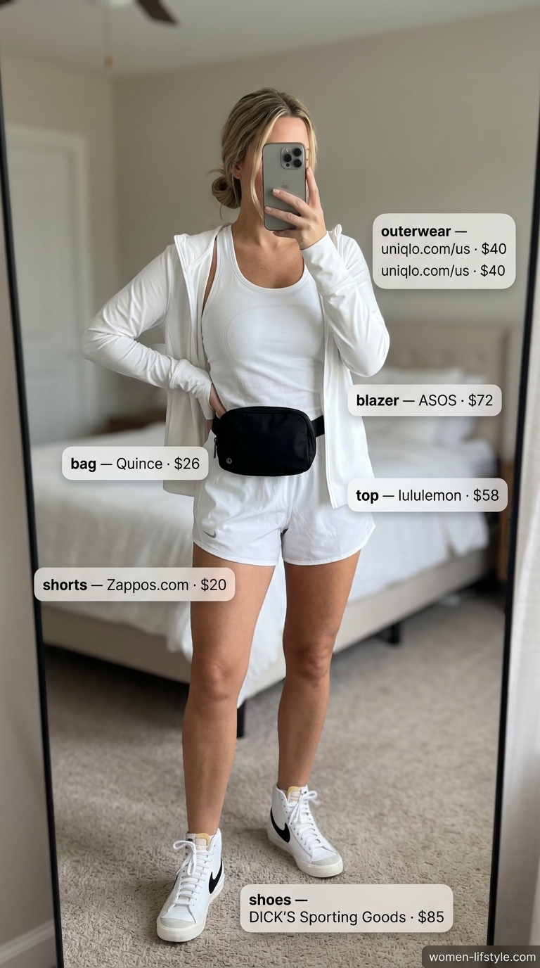 Sporty athleisure outfit with white blazer, shorts, and sneakers for summer white blazer outfits for women 2026.