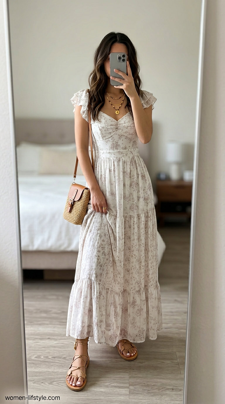 Boho white maxi dress with layered necklaces for summer white blazer outfits for women 2026.