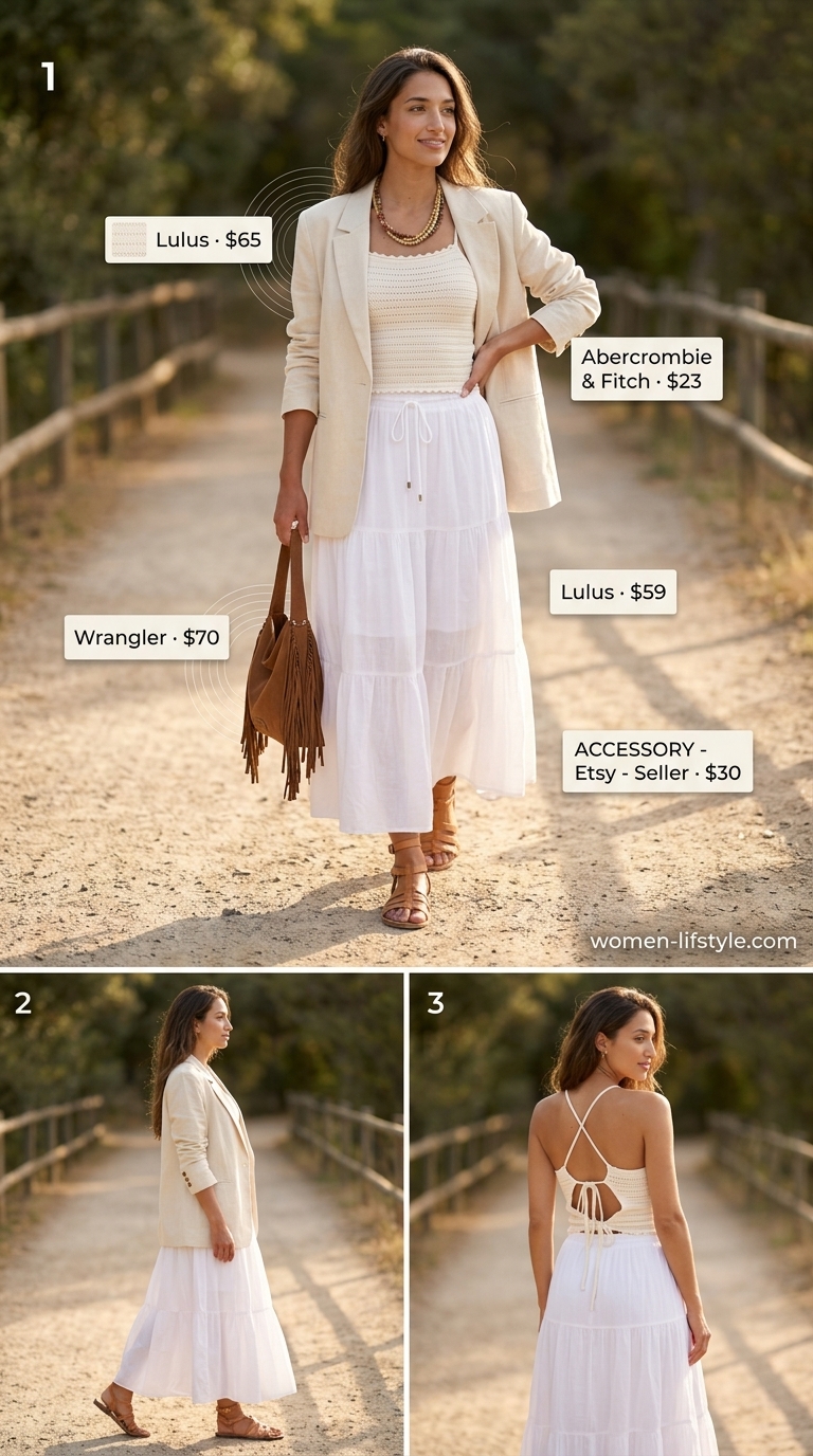 Summer white blazer outfits for women 2026: White maxi skirt, crochet top, and linen blazer for boho chic.