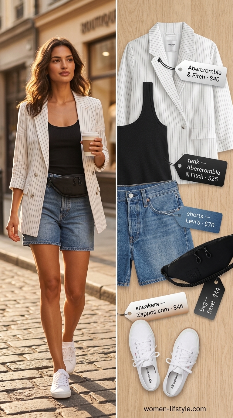 Summer white blazer outfits for women 2026: White linen blazer with denim shorts for casual weekend style.