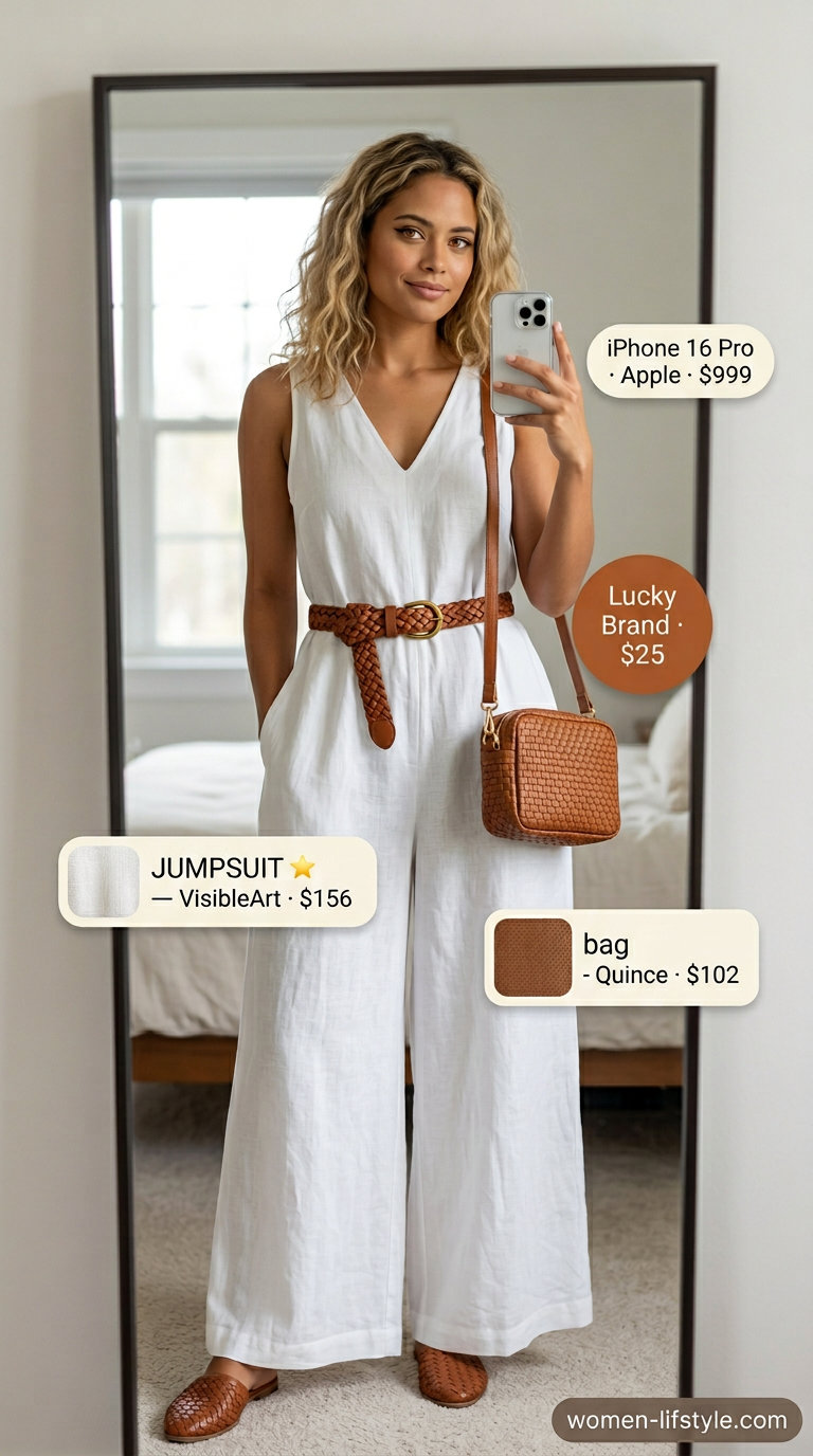 Casual white linen jumpsuit with brown leather belt and sandals for summer white blazer outfits for women 2026.