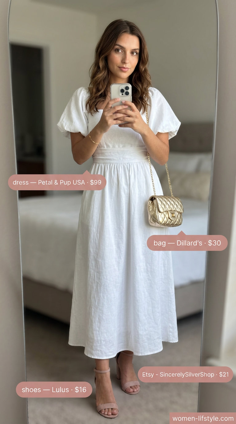 Chic white midi dress with blush pink sandals and gold accessories for summer white blazer outfits for women 2026.