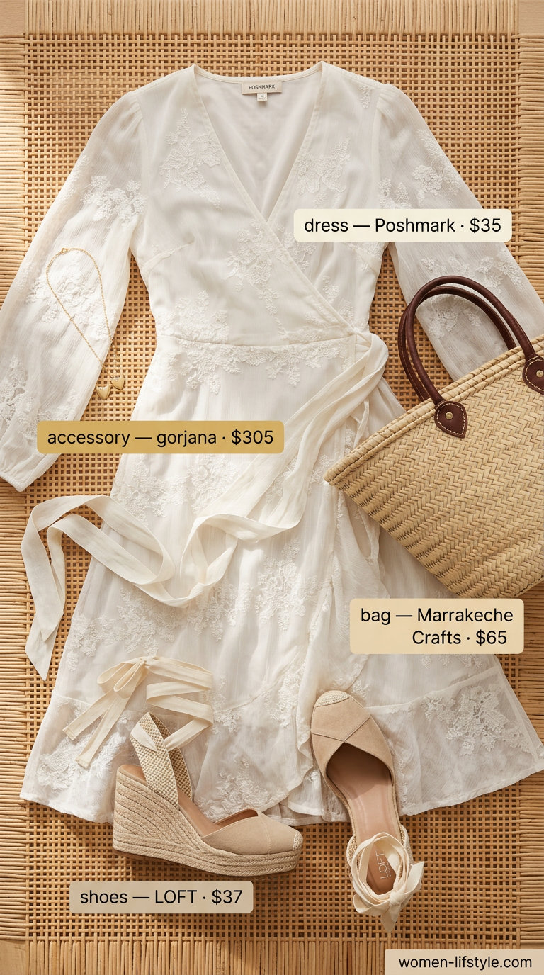 Summer white blazer outfits for women 2026: White floral midi dress with espadrille wedges for a garden party.