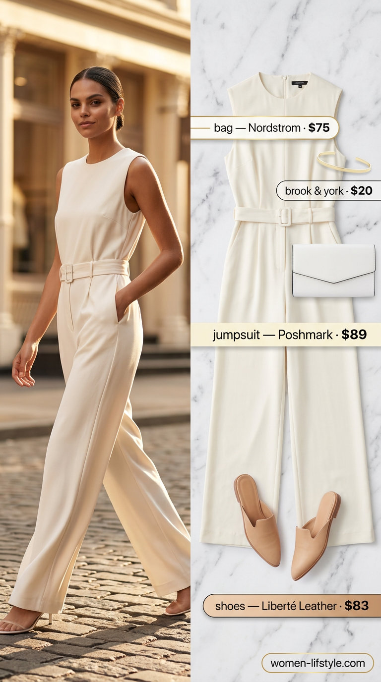 Summer white blazer outfits for women 2026: White wide-leg jumpsuit with gold accessories for minimalist chic.