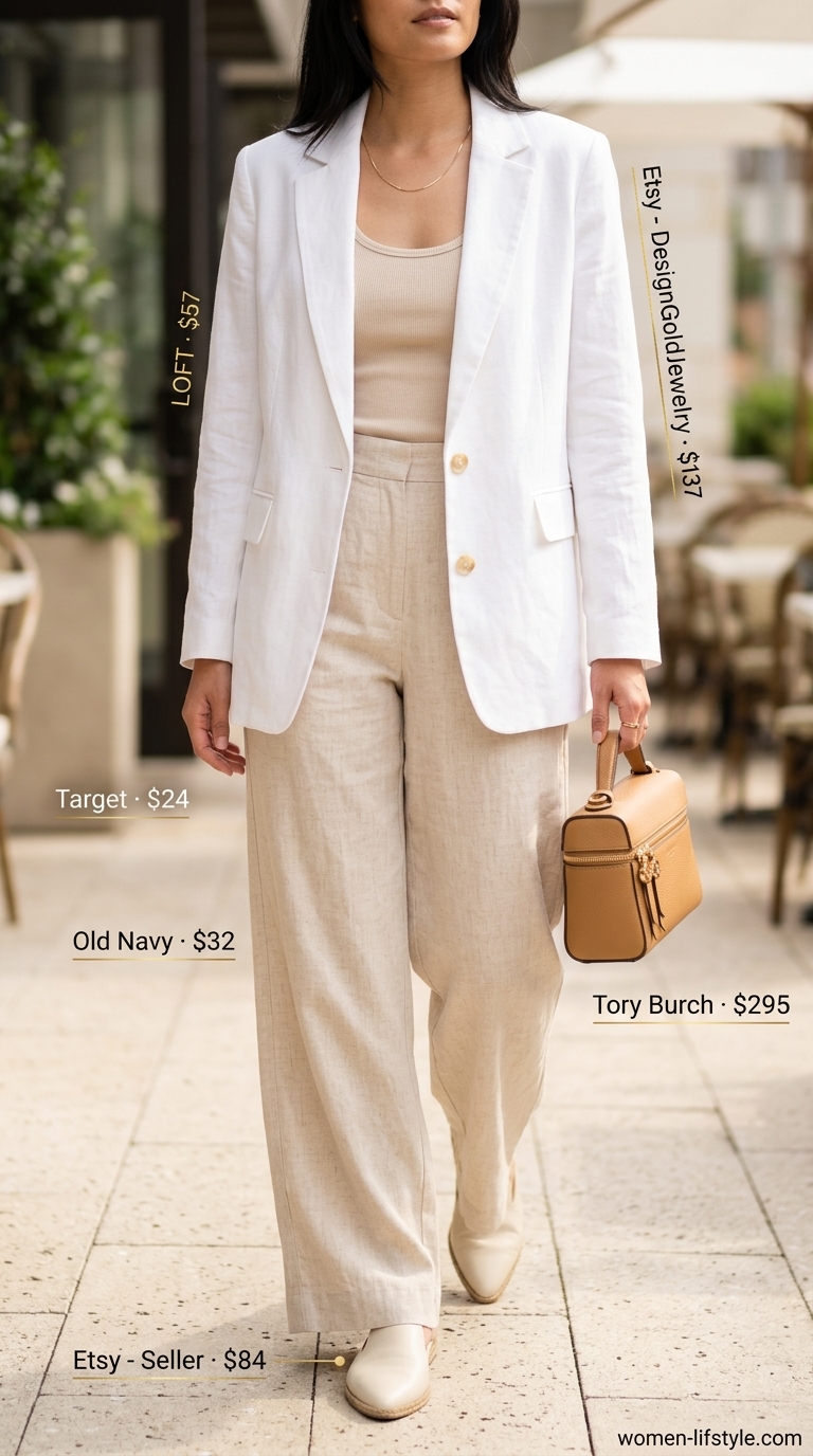 White linen blazer and trousers with beige mules for summer white blazer outfits for women 2026.