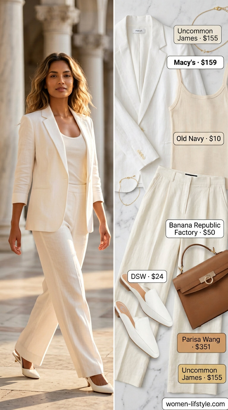 Summer white blazer outfits for women 2026: White linen suit with cream camisole for city chic.