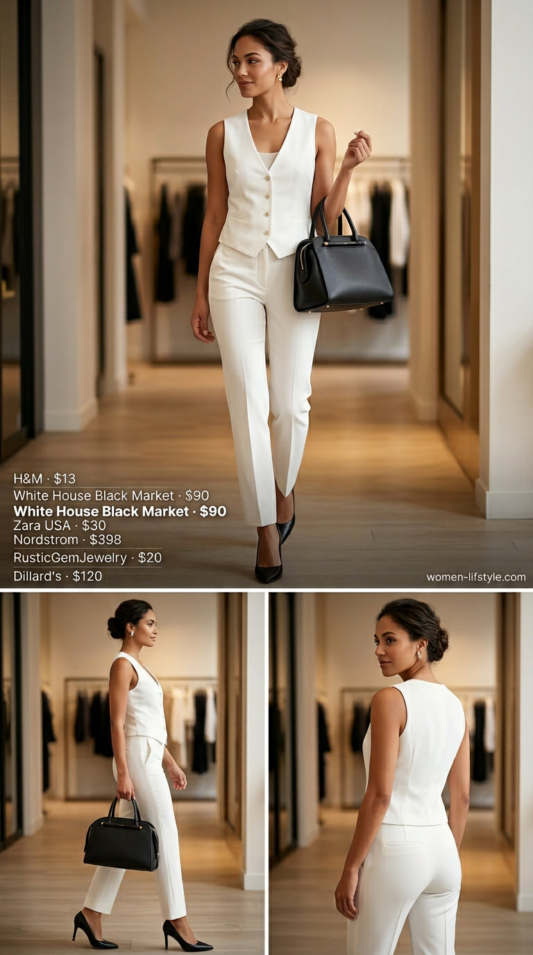 Summer white blazer outfits for women 2026: White tailored trousers, vest, and blazer for powerful office wear.