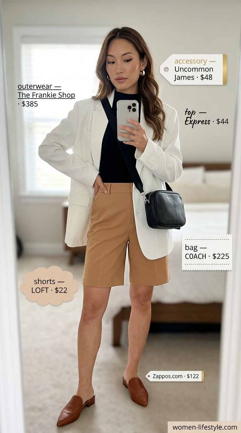 White Bermuda shorts and oversized blazer with black top for summer white blazer outfits for women 2026.