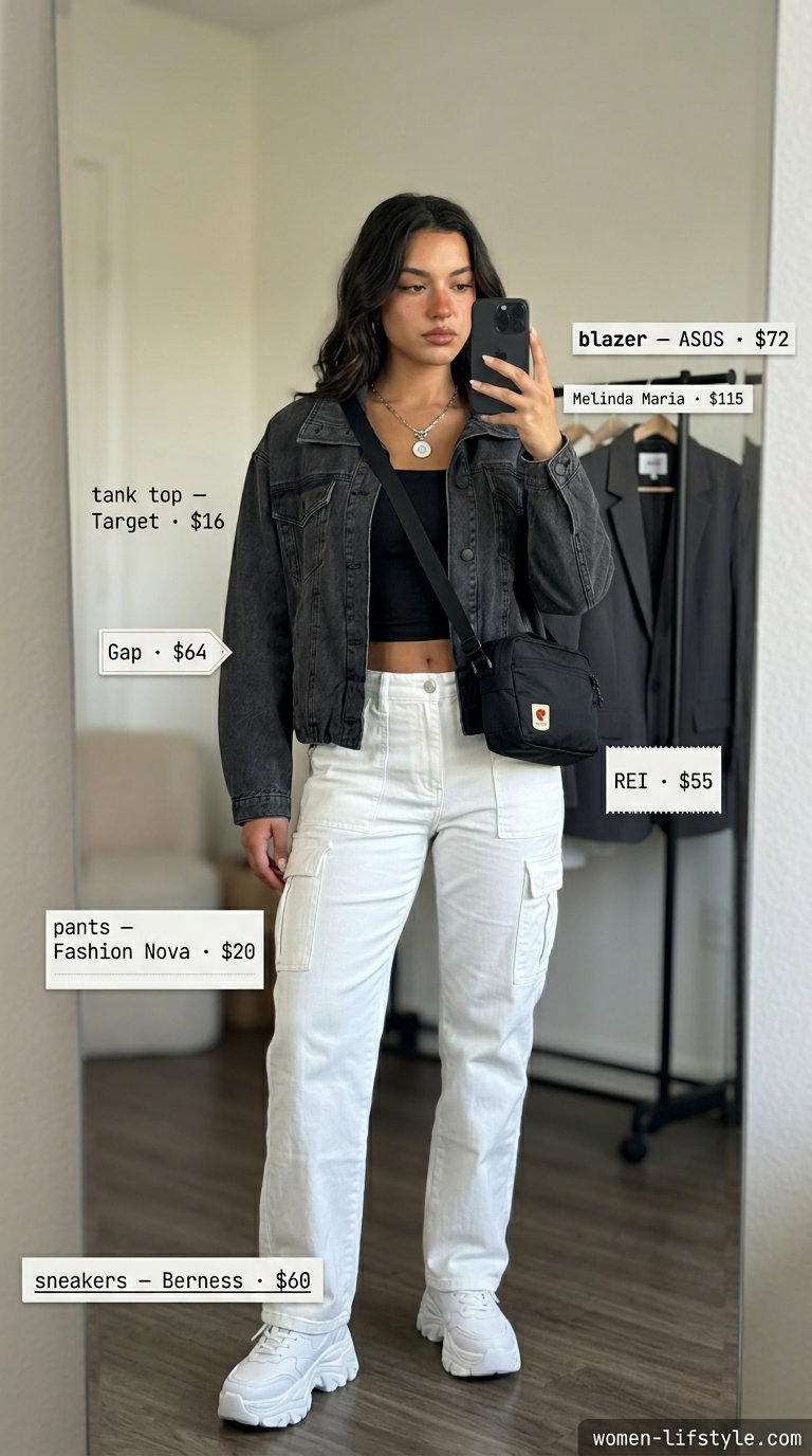 White cargo pants with black tank and silver accessories for summer white blazer outfits for women 2026.