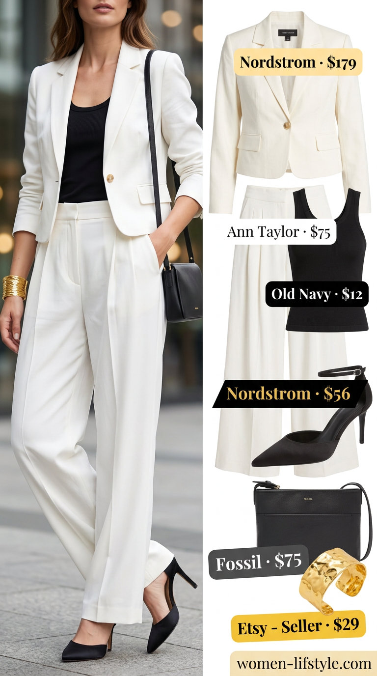 White linen wide-leg trousers with black tank and blazer for summer white blazer outfits for women 2026.