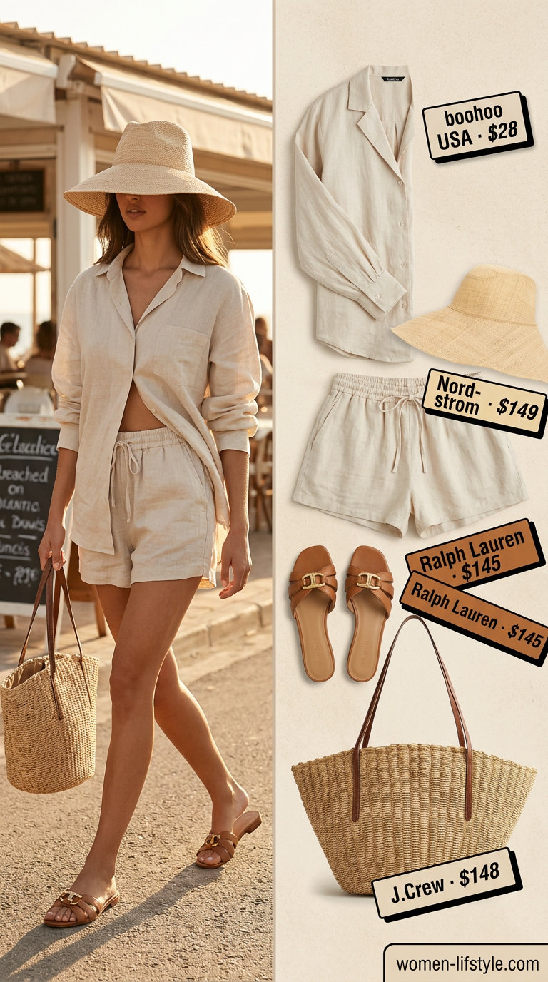 Beige linen matching set with straw accessories for tailored quiet luxury summer outfits for women 2026.