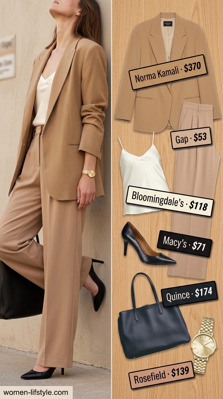 Tailored quiet luxury summer outfit: Camel trousers, ivory cami, camel blazer, black pumps, gold watch. Sophisticated and polished.