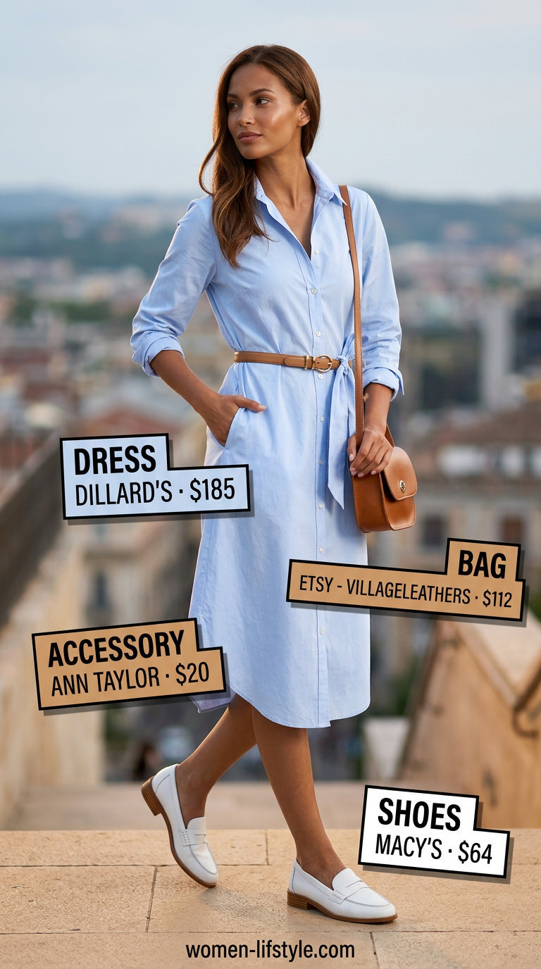 Tailored quiet luxury summer outfit: Light blue cotton shirtdress, tan belt, white loafers. Perfect for office casual.