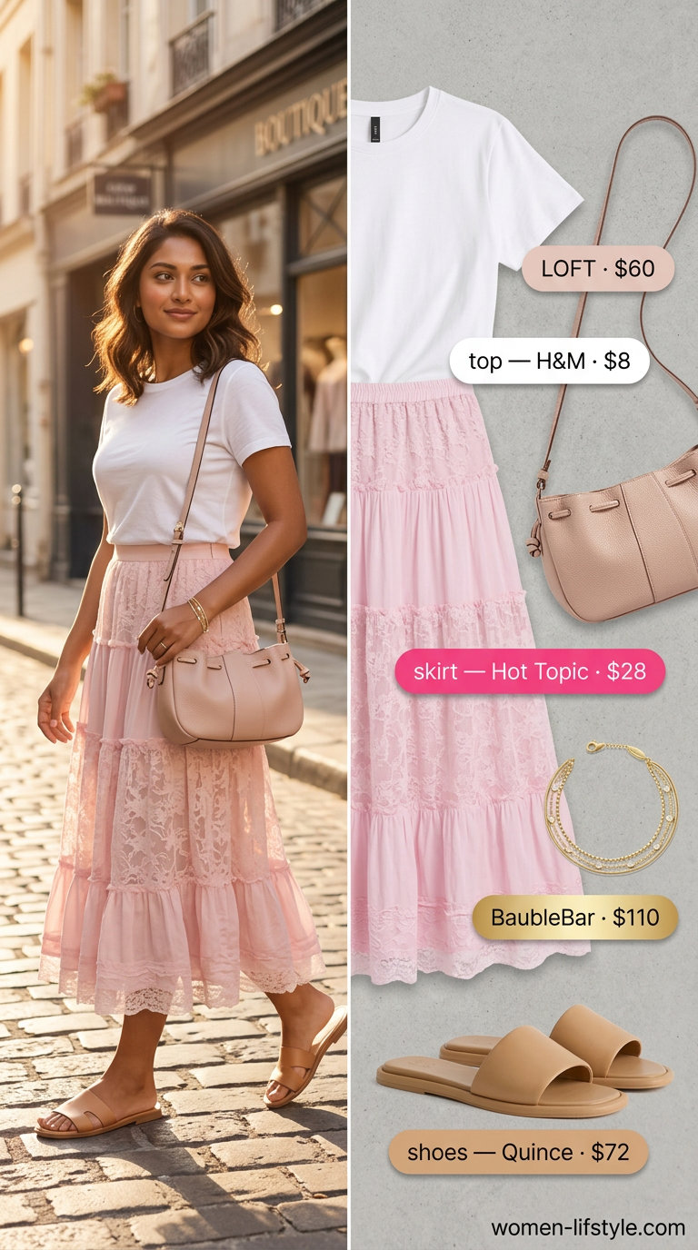 Blush pink tiered midi skirt and white t-shirt for tailored quiet luxury summer outfits for women 2026.