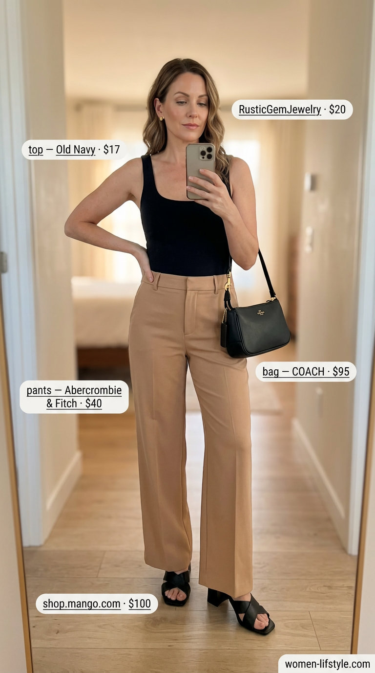 Tailored quiet luxury summer outfit: Camel wide-leg trousers, black bodysuit, black sandals. Sophisticated evening look.