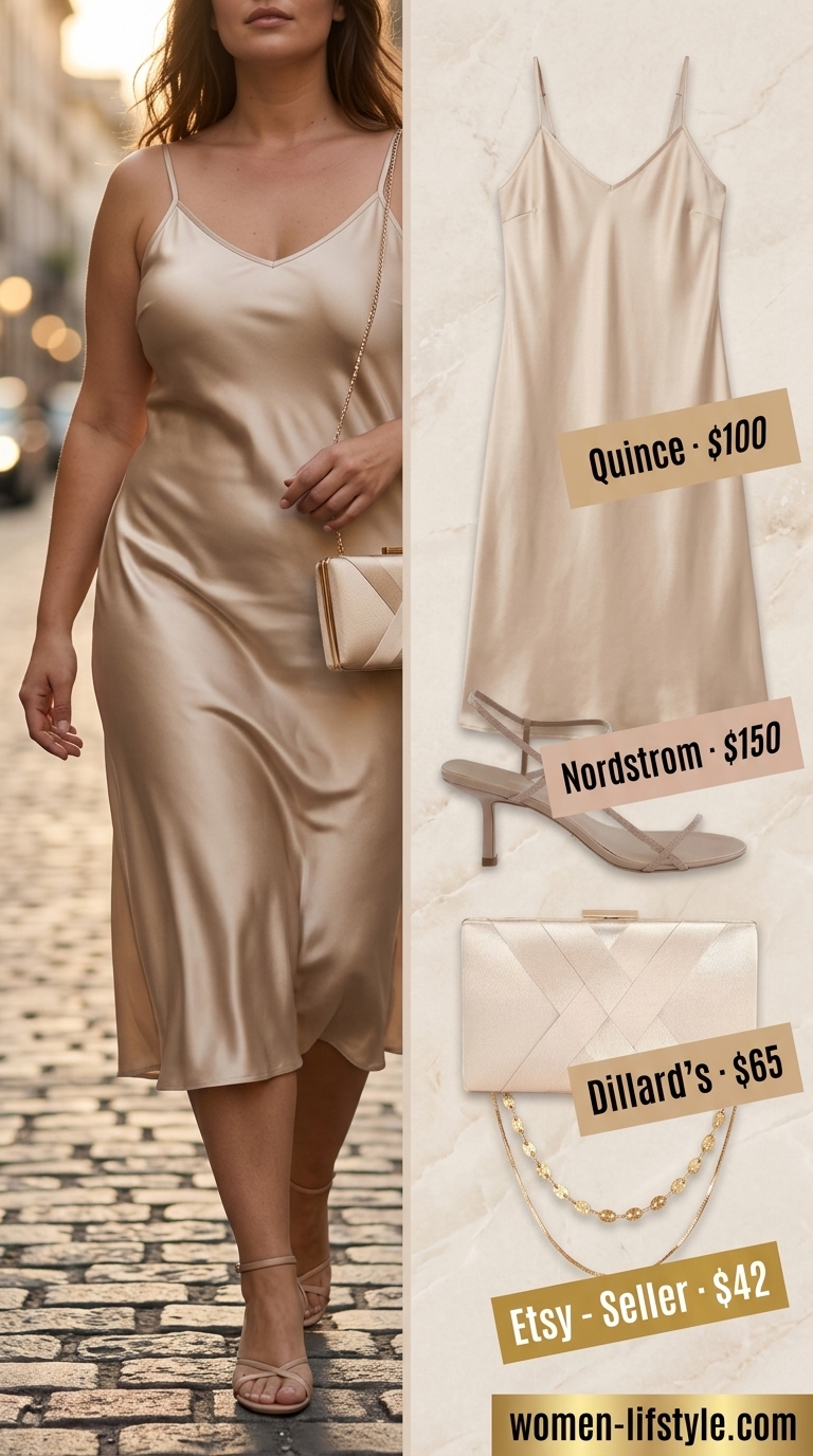 Tailored quiet luxury summer outfit: Champagne satin slip dress, nude sandals, gold layered necklaces, satin clutch. Minimalist chic.