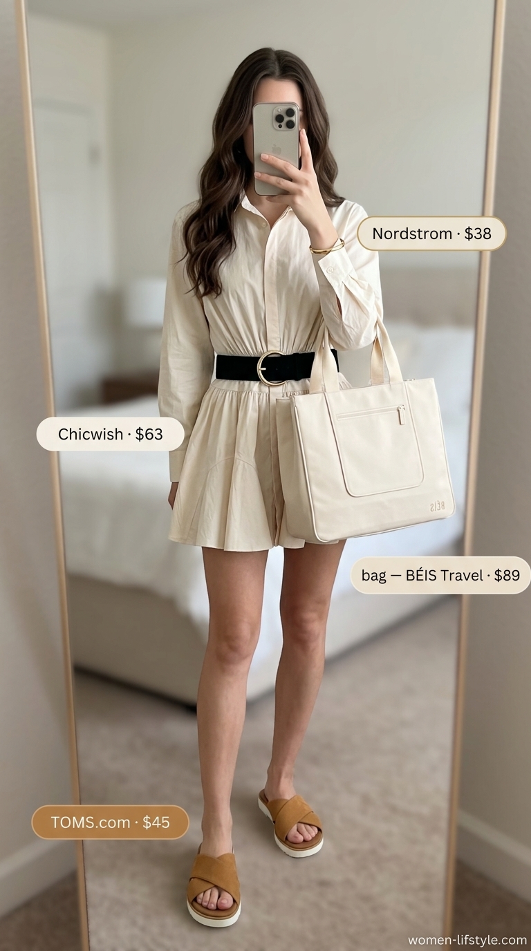 Tailored quiet luxury summer outfit: Ivory oversized shirtdress, tan slides, beige tote. Minimalist polished look.
