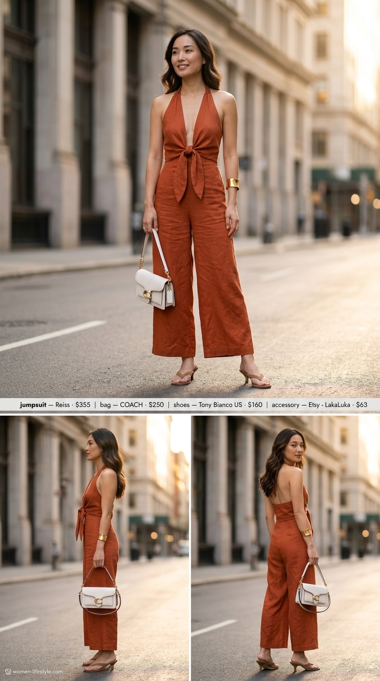 Tailored quiet luxury summer outfit: Cream jumpsuit, beige mules, crossbody bag, statement gold cuff. Modern monochrome.
