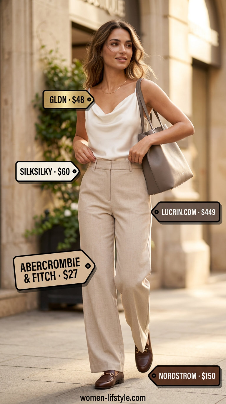 Oatmeal linen pants and ivory silk cami for tailored quiet luxury summer outfits for women 2026.