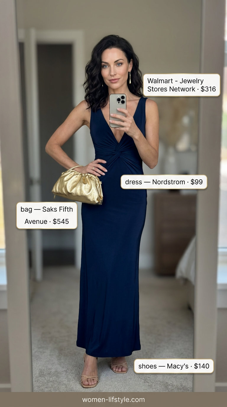 Navy blue maxi dress with gold accessories for tailored quiet luxury summer outfits for women 2026.