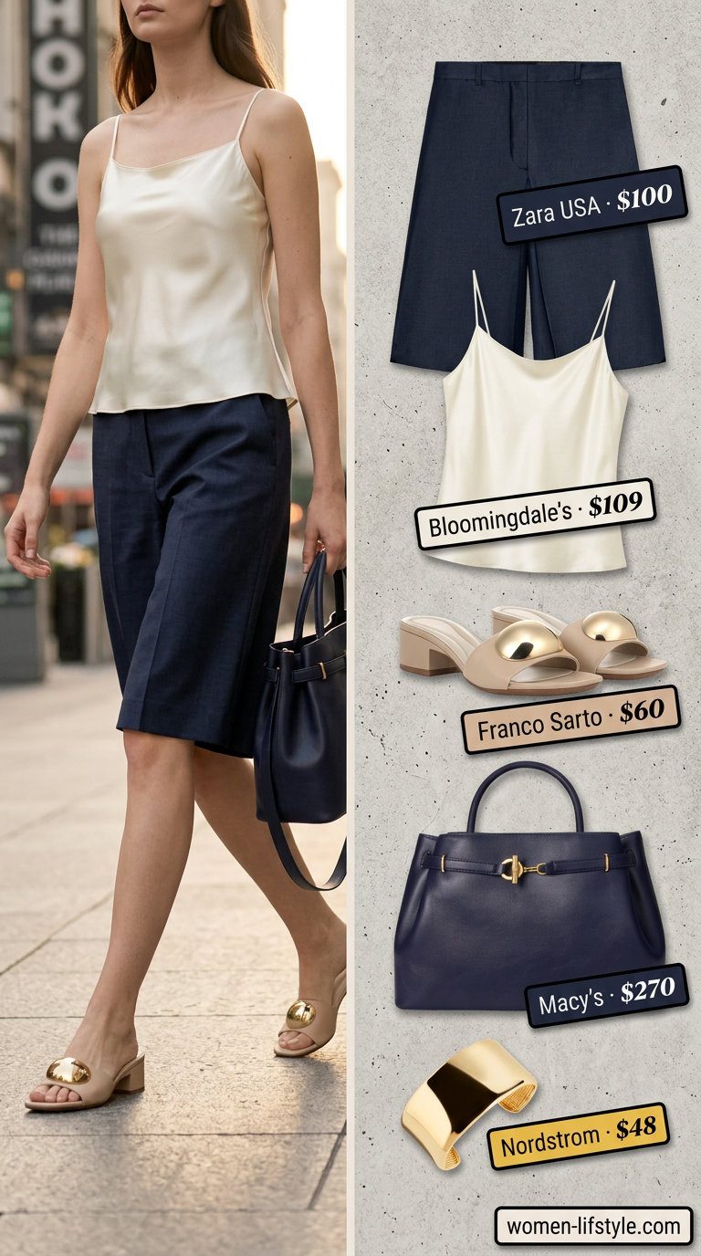 Tailored quiet luxury summer outfit: Navy shorts, ivory camisole, block heels. Polished brunch look.