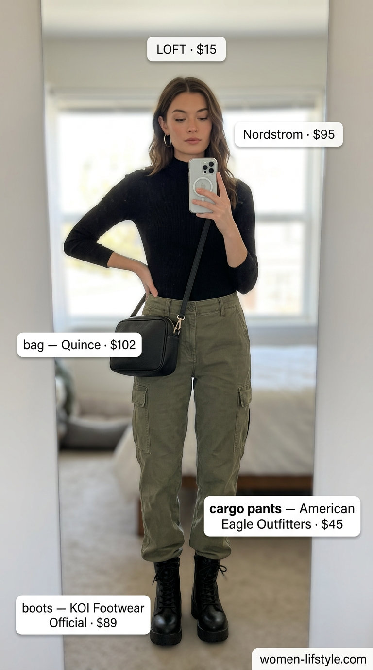 Olive green cargo pants and black mock neck top for tailored quiet luxury summer outfits for women 2026.